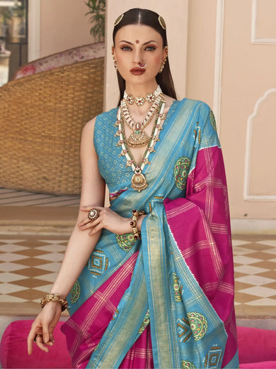 Lovely Sky Blue And Pink Silk Patola Festival Wear Saree With Blouse